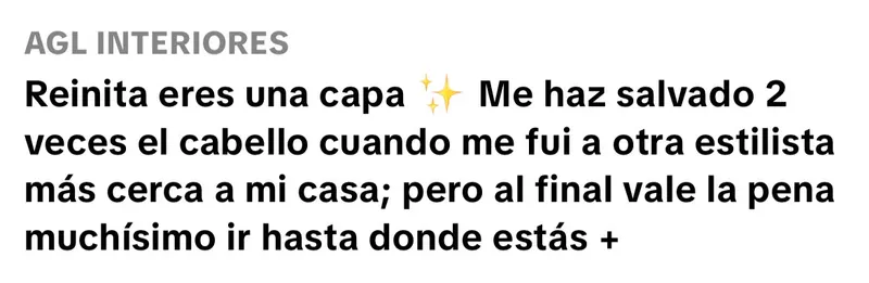 Comentario de AGL Interiores en TikTok: "Me has salvado 2 veces el cabello cuando me fui a otra estilista más cerca a mi casa; pero al final vale la pena muchísimo ir hasta donde estás."